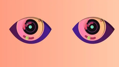 A cheery 3d illustration of two artificial eyes with black pupils, rosy irise Stock-Illustration