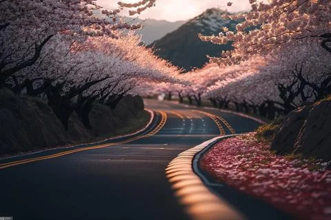 Cheery blossoms road of spring Stock Illustration