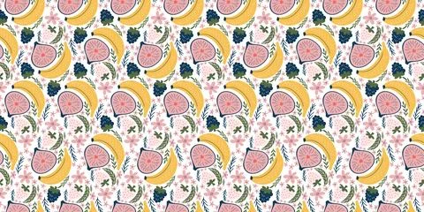 Cheery seamless pattern showcasing bananas, figs, blackberries, white straw.. Stock Illustration