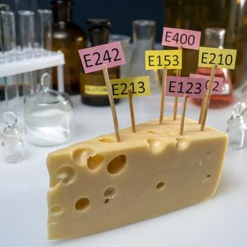 Cheese adorned with additive labels E. Food Laboratory on a lab bench. Stock Photos