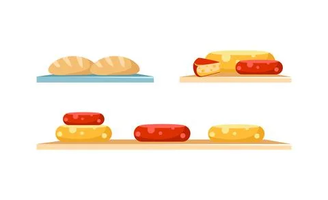 Cheese and bread display flat color vector objects set Ilustración de archivo