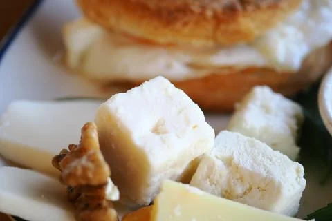 Cheese and bread with nuts on a plate Stock Photos