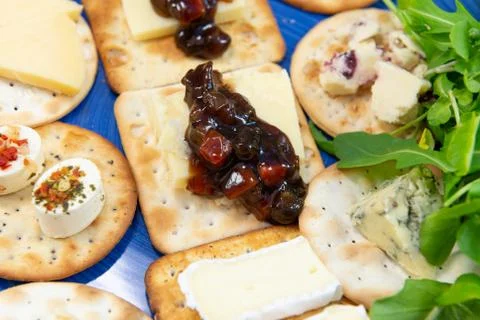 Cheese and crackers selection focus on pickles. Close up. Foto stock