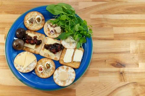 Cheese and crackers selection viewed from above. Copy space. Stock-Fotos