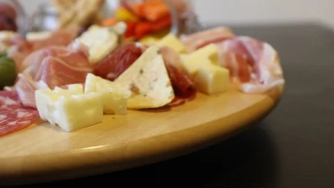 Cheese and meat appetizer selection. Stock Footage 125909826