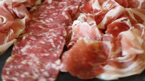 Cheese and meat appetizer selection. Stock Footage 125909837
