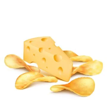 Cheese and potato chips 3D realistic icon for snack product packaging design Illustrazione stock