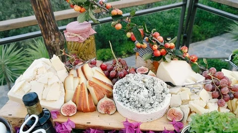 Cheese and salami buffet. Bread, crackers and snacks. Stock Footage 125182607