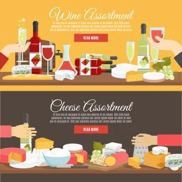 Cheese And Wine Flat Banner Set Stock Illustration