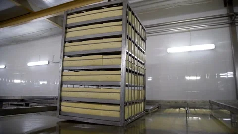 Cheese Arranged In Boxes At Cheese Factory Warehouse. milk products factory HD Stock Footage 336444352