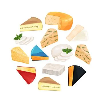 Cheese banner with various types of cheese in circular shape. Natural organic Ilustración de archivo