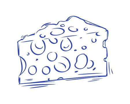 Cheese. Blue line art vector illustration of a block of Swiss cheese Ilustración de archivo