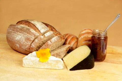 Cheese board with rye bread Stock Photos