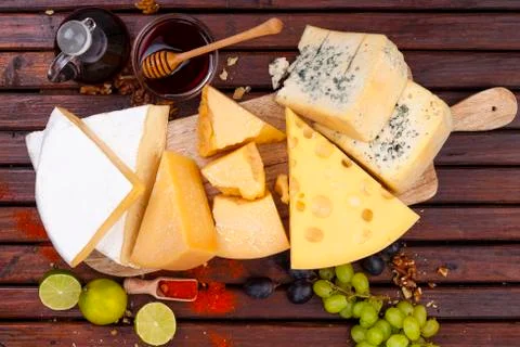 Cheese board. Various types of cheese. Top view Stock Photos
