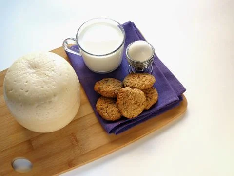 Cheese with bread and milk Stock Photos