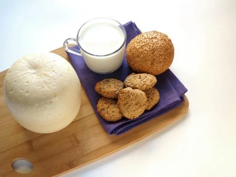Cheese with bread and milk Stock Photos