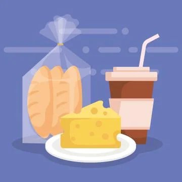 Cheese with bread bag and coffee Stock Illustration