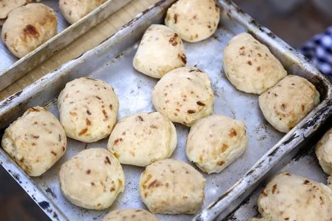 Cheese bread in several tin trays Stock Photos