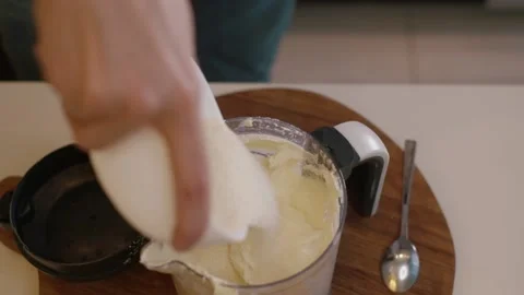 Cheese breakfast. On the table is a food processor with ingredients cottage Video stock 155072528