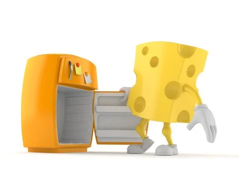 Cheese character with open fridge Stock Photos