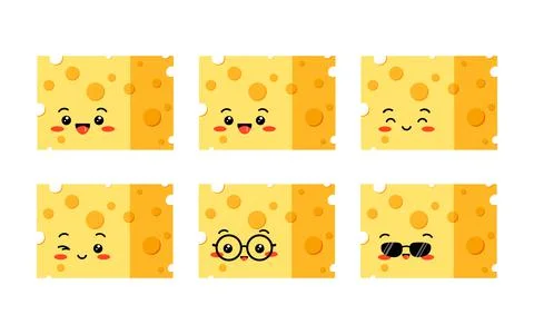 Cheese cube cute character with hole vector set isolated on white background. Stock Illustration