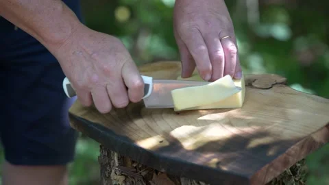 Cheese cutting on a chopping board in the forest Stock Footage 160690852