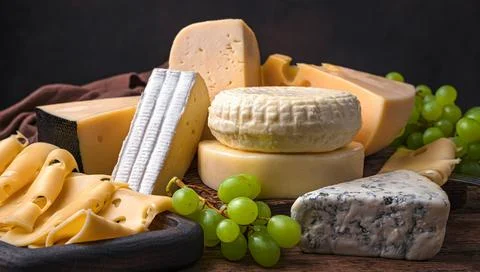 Cheese of different types with grapes brought together in close-up. Stock Photos