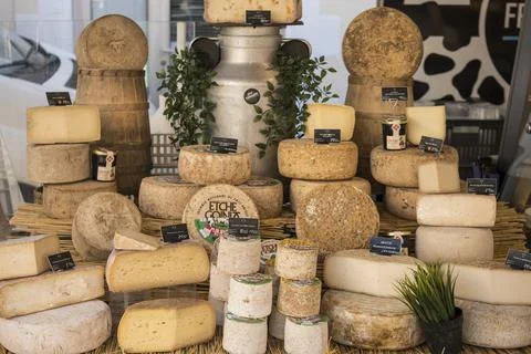 Cheese on display at local market, Les Landes, Nouvelle-Aquitaine, France, Stock Photos