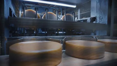 Cheese factory equipment processing cheese wheels on a conveyor belt Foto stock
