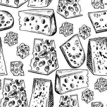 Cheese hand drawn seamless pattern. Sketch engraving style Stock Illustration