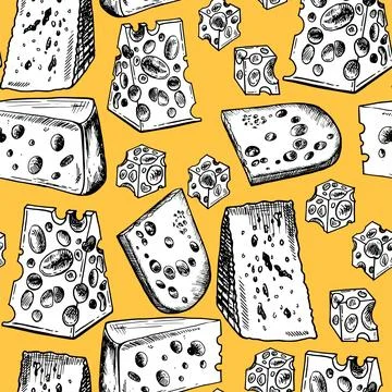 Cheese hand drawn seamless pattern. Sketch engraving style Stock Illustration