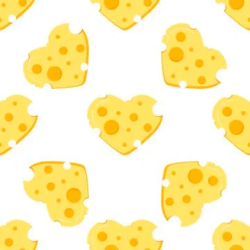 Cheese heart shape vector seamless pattern on white background. Stock Illustration