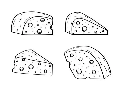 Cheese with holes vector doodle illustration. Sketch set of pieces of maasdam Stock Illustration