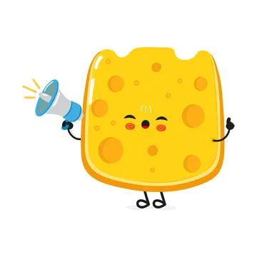 Cheese with loudspeaker character. Vector hand drawn cartoon kawaii charact.. Illustrazione stock