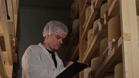 Cheese maker technologist writes information about cheeses into a tablet Vidéo 180016816