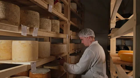 A cheese maker walks between stands with cheeses Vidéo 180105822