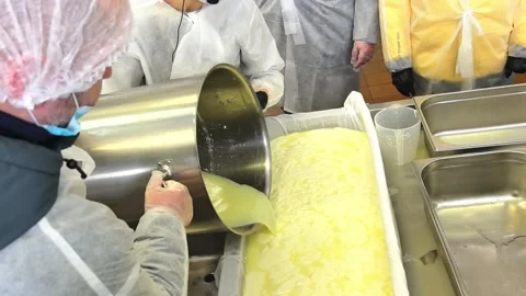 Cheese making process observed in workshop at local dairy factory during afterno Vídeo Stock 325731263