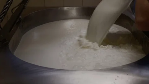Cheese Making.Milk is Poured into a Cauldron and Heated for Pasteurization Stock Footage 85385945