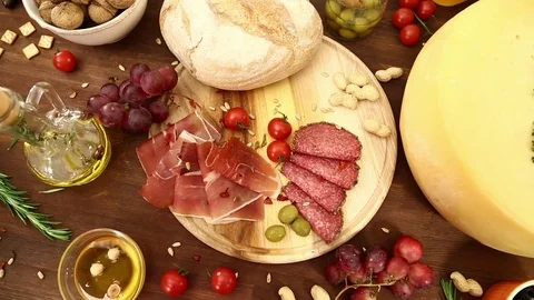 Cheese meat jamon table top panorama Stock Footage 85277397