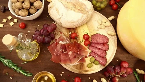 Cheese meat jamon table top panorama Stock Footage 85277402