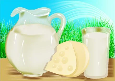 Cheese, milk, jug Stock Illustration
