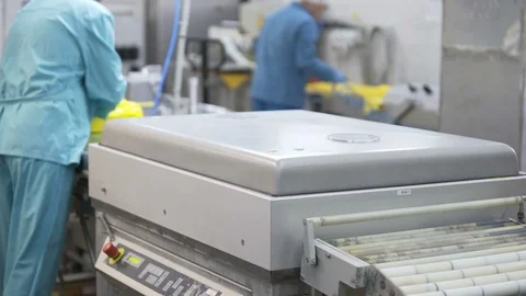 Cheese packaging process with vacuum machine. Cheese processing at food factory Stock Footage 106151239