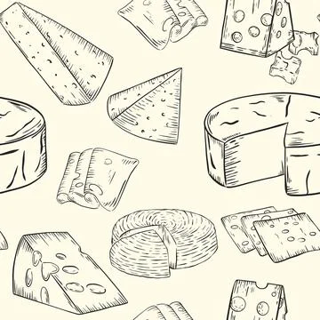 Cheese pattern, sketch. Various types of cheese, vector. Stock Illustration