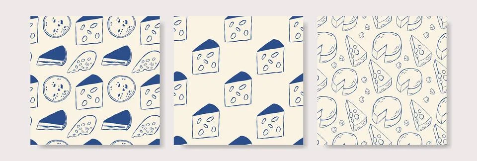 Cheese patterns set in blue ink on off-white background Stock Illustration