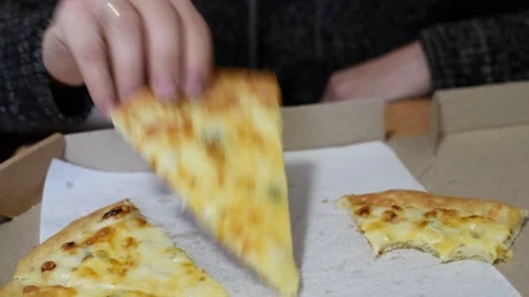 Cheese pizza, close-up arms of man taking slice of pizza. Hungry man . Fast food Stock Footage 221359968
