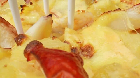 A cheese pizza with pineapple, and crab sticks in macro video. 4K. Stock Footage 263700567