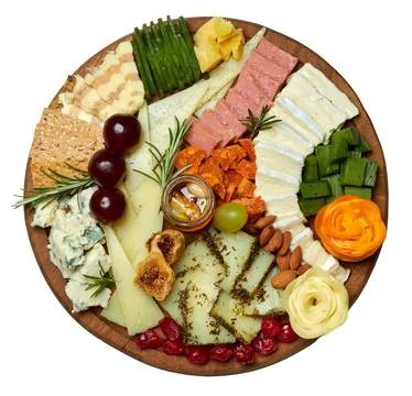 Cheese platter. Appetizers boards with assorted cheese, honey, dried figs a.. Stock Photos