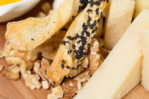 Cheese platter closeup. Stock Photos