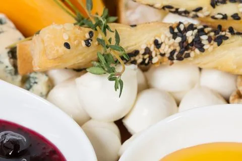 Cheese platter closeup. Stock Photos