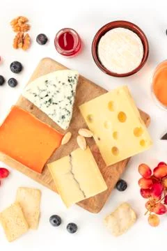 Cheese platter, a flat lay top shot on a white background. Blue cheese, Dutch 写真素材